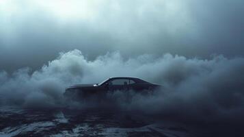 Thick billowing smoke envelops a clic cars silhouette adding a touch of intrigue and making it seem like its emerged from a foggy underworld photo
