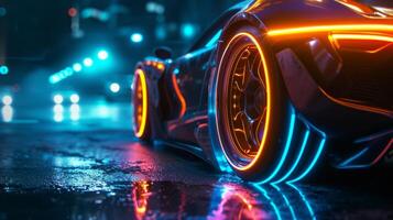 A slowmotion shot of neon lights on the wheels of a bike capturing every detail of their movement and adding a sense of drama and excitement to the footage photo