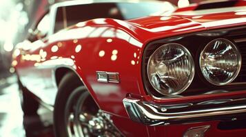 The camera focuses on the intricate details of a retro muscle cars chrome grille and shiny headlights adding an extra touch of nostalgia to the showdown photo