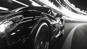 A closeup of a black and white headlight in motion showcasing the dynamic form and elegant curves as the car moves forward photo