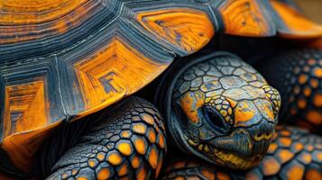 Closeup of a tortoises shell with its intricate patterns and colors as it closes tightly around the body for protection photo