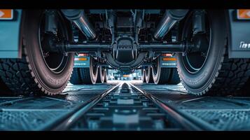 A shot from underneath a truck revealing the intricate design of its undercarriage and how it helps to smooth out airflow and reduce turbulence photo