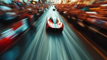 The blurred image of a car zooming by a crowd of cheering spectators with only the distinct sound of engines and cheers audible photo
