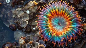 Closeup of a vibrant and colorful sea anemone its intricate patterns and details highlighted against a rocky surface adorned with barnacles photo