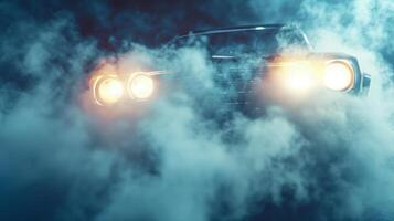 Closeup of the cars headlights ting through the thick smoke and creating a tunnellike effect photo