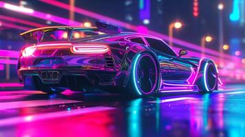 Underneath the car a rainbow of neon lights shines brightly adding a splash of fun and playfulness to its appearance photo