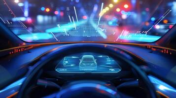 Detail of a cars headup display projecting crucial information onto the windshield making it easy for the driver to stay informed photo