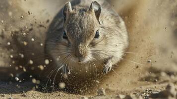 Closeup of a gerbil shaking off the excess sand from its fur its eyes squinted in satisfaction as it removes all traces of the storm from its coat photo