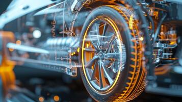 Macro shot of the regenerative braking system in a hybrid car showing how the energy generated from braking is used to power the headlights and other electrical component photo