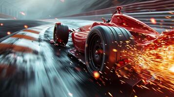 The wheels of a highperformance vehicle spin rapidly releasing a flurry of sparks as it hugs the curves of the race track photo
