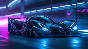 A highspeed futuristic race car with LED headlights that give off a blue or purple glow adding to its futuristic and highperformance aesthetic photo