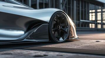A closeup of the front fender revealing the precisely angled design that effectively channels air around the car optimizing its performance photo