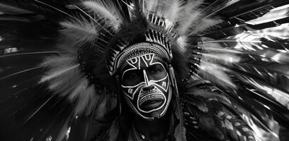 A man wearing a mask and elaborate feathers dances in a tribal ceremony at a Native American festival photo