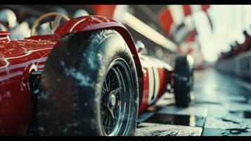 A closeup shot of a racer and their team huddled together by the checkered flag reminiscing on the countless races and memories made during their era in the sport photo