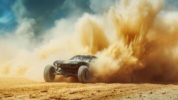 A shot from ground level captures the dramatic finale of the race as a victorious drag car crosses the finish line leaving a trail of sand and dust in its wake photo