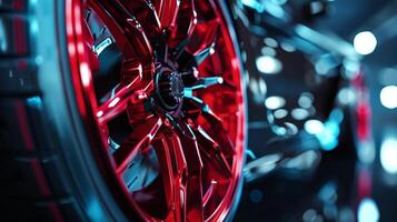 The camera focuses on the red coloring of the brake caliper adding a pop of color to the otherwise metallic design. Its glossy finish catches the light in the closeup shot photo