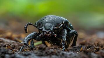Closeup of a dung beetle with its thorax bent low against the ground its powerful mandibles carefully holding onto a piece of dung as it waits for the rain to p photo