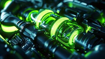 A closeup of a neon green light illuminating a turbocharger giving it an otherworldly glow and emphasizing its importance in the engines performance photo