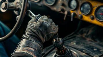 A tight shot of a drag racers gloved hand gripping the gear shifter ready to shift into high gear photo