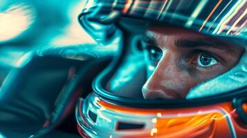 Closeup of the winning drivers intense gaze as they look around taking in the realization of their accomplishment photo
