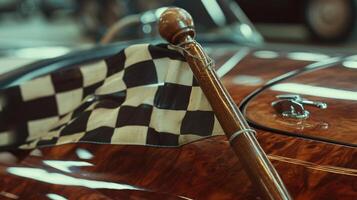 The camera focuses on a custommade wooden stick with a smooth handle used for holding and waving the checkered flag. The wood is polished and gleaming photo