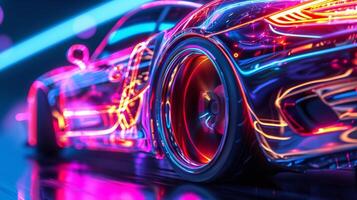 A closeup of a cars paint job reveals a striking neon design each stroke of bright color pulsating in time with the deep roar of the engine photo