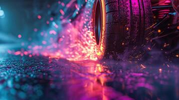 The camera zooms in on a pair of tire treads the friction between rubber and pavement creating a shower of neon sparks as the car burns rubber and accelerates towards th photo