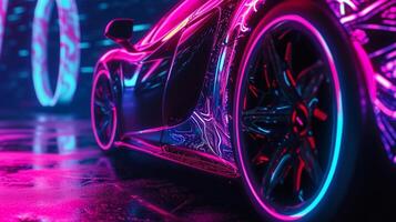 The camera moves in close to reveal the intricate patterns and designs that the neon lights create on the stationary wheel of a car hinting at the potential for a thrillin photo