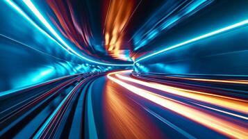 Slow motion closeup of car lights creating a mesmerizing light show as it weaves through the curves of a tunnel. The varying patterns of light and shadow create a dynami photo