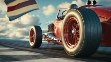 The footage ends with a closeup of the checkered flag waving as the vintage dragster crosses the finish line capturing the excitement and nostalgia of clic nitro drag racing photo