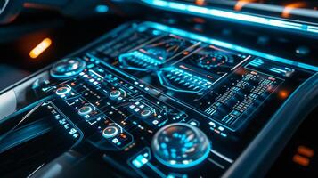 Macro shot of an advanced control panel on the armrest of a futuristic vehicle showcasing an array of touchsensitive ons and sliders for adjusting the cars settings includin photo
