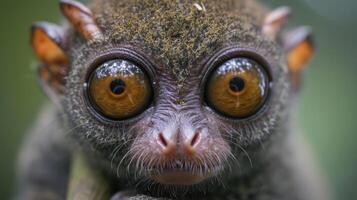 Closeup of a tarsiers face showing off its remarkable ability to rotate its head 180 degrees its round eyes never losing focus photo