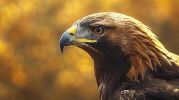 Closeup of the sharp piercing gaze of a regal golden eagle as it scans the landscape below its feathers shimmering in the sunlight photo