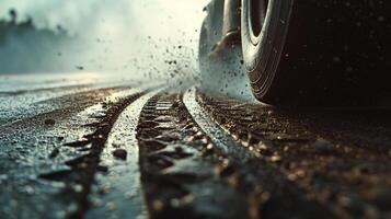 A closeup of the tire tread digging into the track leaving behind a trail of burnt rubber as the car speeds ahead with the help of slicks and nitro photo