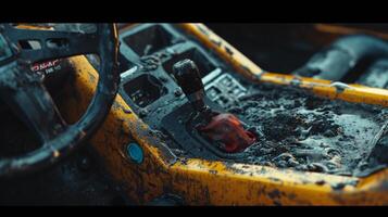 A shot of the drivers gear shift now covered in a layer of burnt rubber after the intense race photo