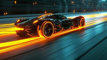 As the car speeds down the track the neon orange racing stripe glows brightly leaving a trail of electrifying light in its wake photo