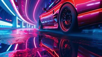 A low angle shot captures the underside of a car as it pes over a neonlit bridge creating a mesmerizing display of reflections and colors on the water below photo