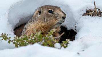 Closeup of a marmot poking its head out of a partially covered burrow its sharp front teeth visible as it nibbles on a small plant before retreating back into its snowy den photo