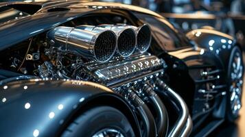 The closeup footage showcases the cars large and powerful V8 engine with its highperformance air intake system and twin exhaust pipes designed to optimize airflow for maximu photo