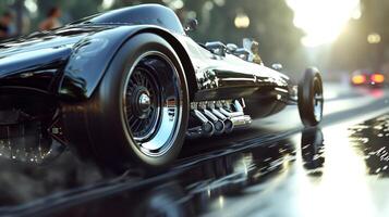 The camera zooms in on the sleek shiny body of a vintage dragster as it revs its engine in anticipation of the race photo