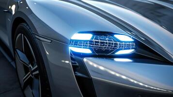 Detailed view of the energyefficient headlights on an electric vehicle using significantly less electricity compared to traditional headlights photo