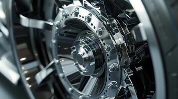 A closeup of the center hub shows a precise and seamless connection between the wheel and the cars axle photo