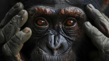 Closeup of a chimpanzees face clearly showing fear and desperation in its eyes as it frantically tries to escape from the hands of a poacher symbolizing the constant dange photo