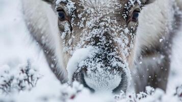 Closeup of a Svalbard reindeers snout covered in snow as it digs for lichen beneath the frozen surface photo