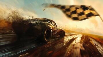 The checkered flag blowing in the wind evoking a sense of freedom and adventure as international racers push themselves and their vehicles to the limit all in pursuit of th photo
