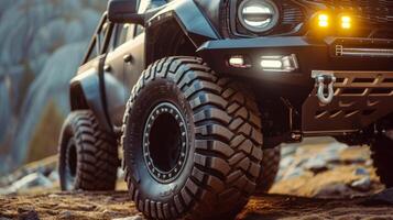 A closeup of a lifted pickup truck with oversized tires its robust frame and powerful headlights exuding a sense of adventure and capability for offroad exploration photo