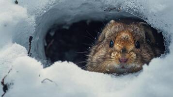 Closeup of a Collared Lemming snuggled inside its cozy nest within the snow burrow with only its e little face visible photo
