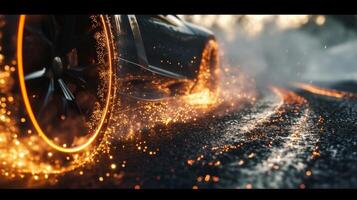 The tires are so hot that they start to sparkle and sizzle leaving behind a mesmerizing display of tire marks and smoke photo