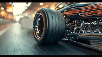 A closeup of a dragsters wheelie bars the only thing keeping the powerful machine from flipping backwards photo