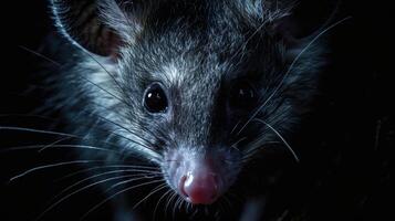 Closeup of a possums fur highlighted by the glow of a porch light the soft grey and white hairs standing out in contrast against the dark backdrop of the night photo